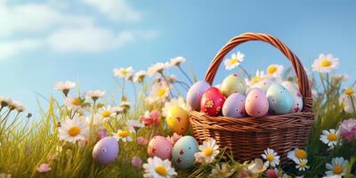 AI generated Easter eggs in basket with flower field on blue sky background. photo