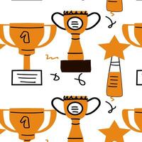 Award doodle background of first place cups champion concept. Vector illustration isolated. Can used for wrapping paper, print textile, poster.