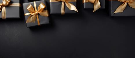 AI generated Web-banner with luxury gift boxes on classic dark background. Top view, Banner photo