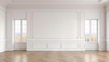 AI generated Empty room with sunlight shining, large window. White and gray gradient soft light background of studio for artwork design. photo