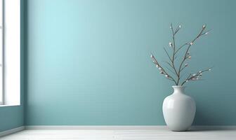 AI generated Empty interior background room with blue wall and white flower in vase. photo