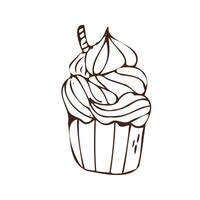 Doodle cupcake with cookie - sweet food icon isolated. Vector illustration can used for bakery background, invitation card, poster, textile, banner, greeting card, invitation card, bakery design