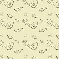 Hand drawn sketch avocado outline of half, slised with seed, leaves on yellow background. Vector illustration can used for wrapping paper, banner and cover design.