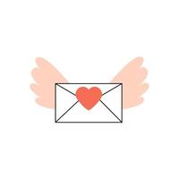 Flying love letter with wings and red heart for stamp. Valentines day vector graphic. Vector illustration isolated