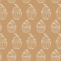 Hand drawn cherry and strawberry cupcake outline background pattern. Vector illustration isolated. Pattern can used for greeting card, menu background, textile, wrapping paper
