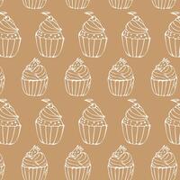 Hand drawn cherry and strawberry cupcake outline background pattern. Vector illustration isolated. Pattern can used for greeting card, menu background, textile, wrapping paper