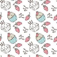 Hand drawn cupcake and berry background for bakery. Vector illustration isolated. Pattern can used for greeting card, invitation, menu background, poster, textile, wrapping paper, celebration banner