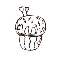 Doodle cupcake and heart sticks - sweet food icon isolated. Vector illustration can used for bakery background, invitation card, poster, textile, banner, greeting card, invitation card, bakery design