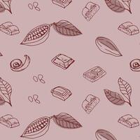 Cocoa beans doodle sketch and chocolate background. Vector illustration isolated. Hand drawn outline vector illustration. Suitable for wrapping, packaging, poster. Chocolate sliced and cacao pattern