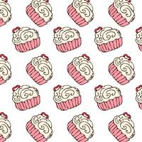 Hand drawn cupcake and heart background for bakery. Vector illustration isolated. Pattern can used for greeting card, invitation, menu background, poster, textile, wrapping paper, celebration banner