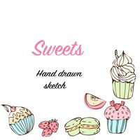 Hand drawn cupcake and macaroons, berry and fruits - sweets background. Vector illustration isolated. Banner can used for greeting card, invitation, menu background, wrapping paper, celebration banner