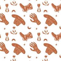 Western boho pattern with mystery elements. Vector illustration in brown color. Floral and magic elements.