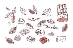 Doodle sketch chocolate and cocoa beans outline. Vector illustration with colored shapes. Hand drawn outline vector illustration. Suitable for wrapping, packaging, poster. Chocolate sliced, chips and candy.