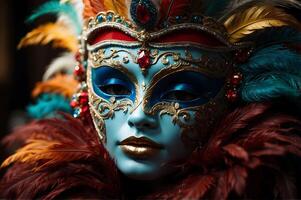 ai generado mujer vistiendo lujo carnaval mascaras decorado con plumas, oro, y joyas. cerca arriba. generativo ai foto