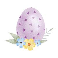 púrpura Pascua de Resurrección huevo, flores y hojas. pascual concepto con Pascua de Resurrección huevos con pastel colores. aislado acuarela ilustración. modelo para Pascua de Resurrección tarjetas, cubiertas, carteles y invitaciones vector