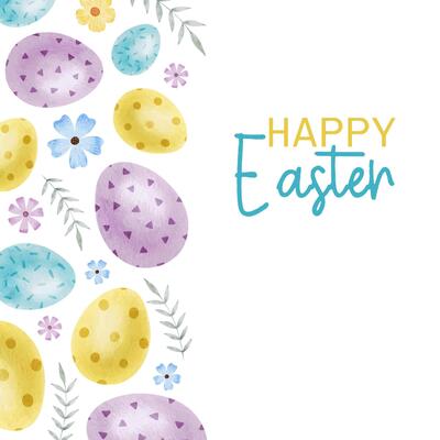 Happy Easter card with blue, yellow, purple Easter eggs, flowers and leaves. Square Paschal templates. Watercolor illustrations. Template for Easter cards, label, posters and invitations.
