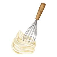 Preparation of cream for desserts. Sweet cream. Whipped cream, whisk. Isolated Watercolor illustration of Baking ingredients. Clipart for recipe book, food blog, design of label,packaging of good vector
