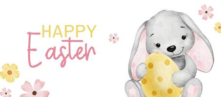 Happy Easter card with Easter rabbit, Easter eggs, flowers and dots. Watercolor Paschal banner. Template for Easter cards, label, posters and invitations. vector