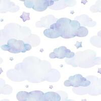 Air clouds and stars. Cute children's background. Watercolor baby seamless pattern for design kid's goods, postcards, baby shower and children's room vector