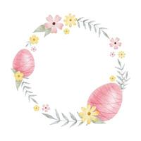 Frame of cute colorful Easter eggs, flowers and leaves. Paschal Concept with pink Easter Eggs. Isolated watercolor illustration. Template for Easter cards, covers, posters and invitations. vector