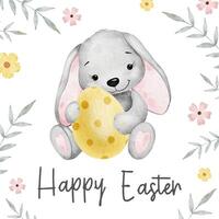 Happy Easter card with Easter rabbit, flowers and leaves. Square Paschal templates. Watercolor illustrations. Template for Easter cards, label, posters and invitations. vector