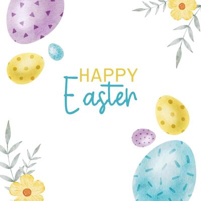 Happy Easter card with blue, yellow, purple Easter eggs, flowers and leaves. Square Paschal templates. Watercolor illustrations. Template for Easter cards, label, posters and invitations.