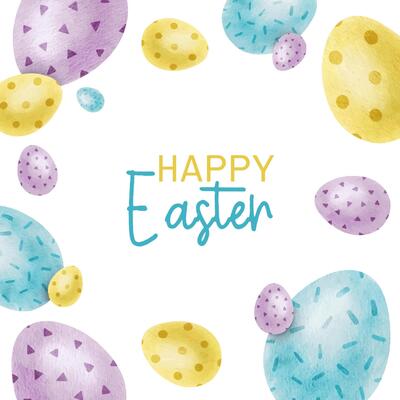 Happy Easter card with blue, yellow, purple Easter eggs. Square Paschal templates. Watercolor illustrations. Template for Easter cards, label, posters and invitations.