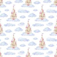 Cute fairy tale castle and clouds. Children's background. Watercolor baby seamless pattern for design kid's goods, postcards, baby shower and children's room vector