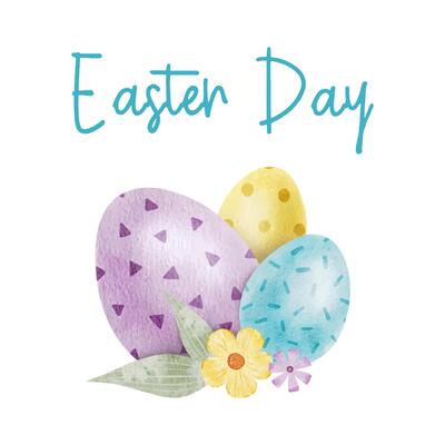 Happy Easter card with blue, yellow, purple Easter eggs, flowers and leaves. Square Paschal templates. Watercolor illustrations. Template for Easter cards, label, posters and invitations.