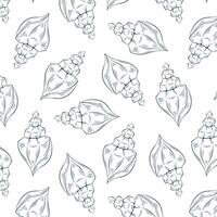 Seashell seamless pattern in line art style. Undersea repeat texture background. Summer design for textile fabric design, restaurants. Vector illustration on a white background.