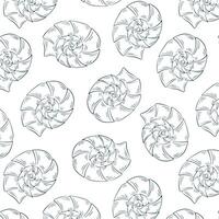 Seashell fossil seamless pattern in line art style. Undersea ocean print design for fabrics, wallpaper, fish restaurant. Vector illustration on a white background.