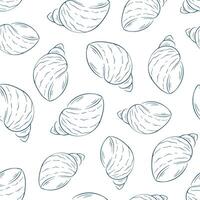 Seashell seamless pattern in line art style. Undersea shell repeat texture design. Hand drawn summer illustration. Vector on a white background.