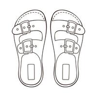 Sandals icon in line art style. Bare foot flippers for man and women. Design for shoes store. Vector illustration isolated on a white background.