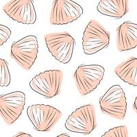 Scallop seamless pattern in line art style. Undersea background design of seashell. Vector illustration on a white background.