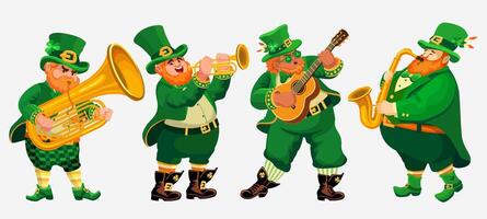 Four funny musicians in leprechaun costumes. St. Patricks Day. Vector. vector