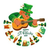 Happy Saint Patricks Day. Leprechaun, guitar, beer. Hand-drawn lettering, Vector