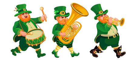 Three funny musicians in leprechaun costumes. St. Patricks Day. Vector. vector