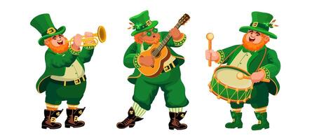 Three funny musicians in leprechaun costumes. St. Patricks Day. Vector. vector