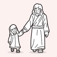 Jesús caminado participación el mano de un pequeño niña lleno con calor amor y paz seguir Jesús dibujos animados gráfico vector