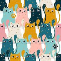 Whimsical bright cats with big eyes create a cute seamless pattern for modern fabrics, holiday wrapping paper. Vector. vector