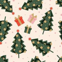 Green ornate Christmas tree with star forms a festive seamless modern pattern for textiles and wrapping paper. Vector. vector