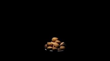 Bowl with almonds nuts in rotation on black background video