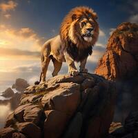 AI generated A majestic lion with a fiery mane, roaring fiercely as it stands atop a rocky cliff Ai generated photo