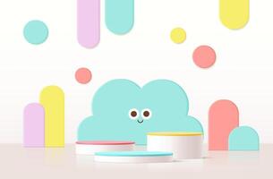 Vector background with cute design in paper cut style. Geometric pastel color background, design for kids or product display podium 3d render.