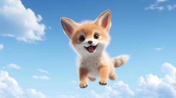 AI generated Flying cute little fox character on blue sky background. photo