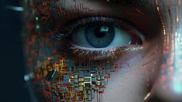 AI generated Artificial intelligence concept. Close up of human eye with circuit board. photo