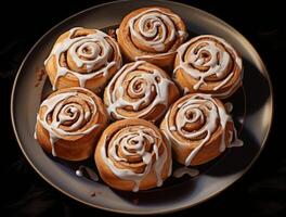 AI generated Freshly baked cinnamon rolls on rustic kitchen photo
