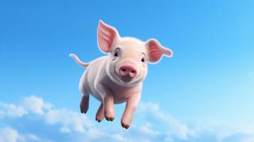 AI generated Flying cute little pig character on blue sky background. photo