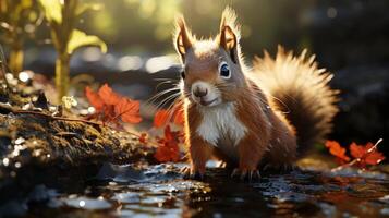 AI generated Red squirrel sitting on a log in the forest photo