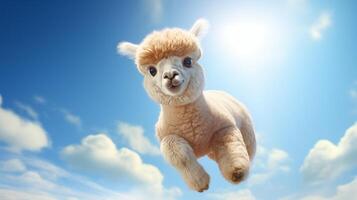 AI generated Flying Alpaca on blue sky background. photo